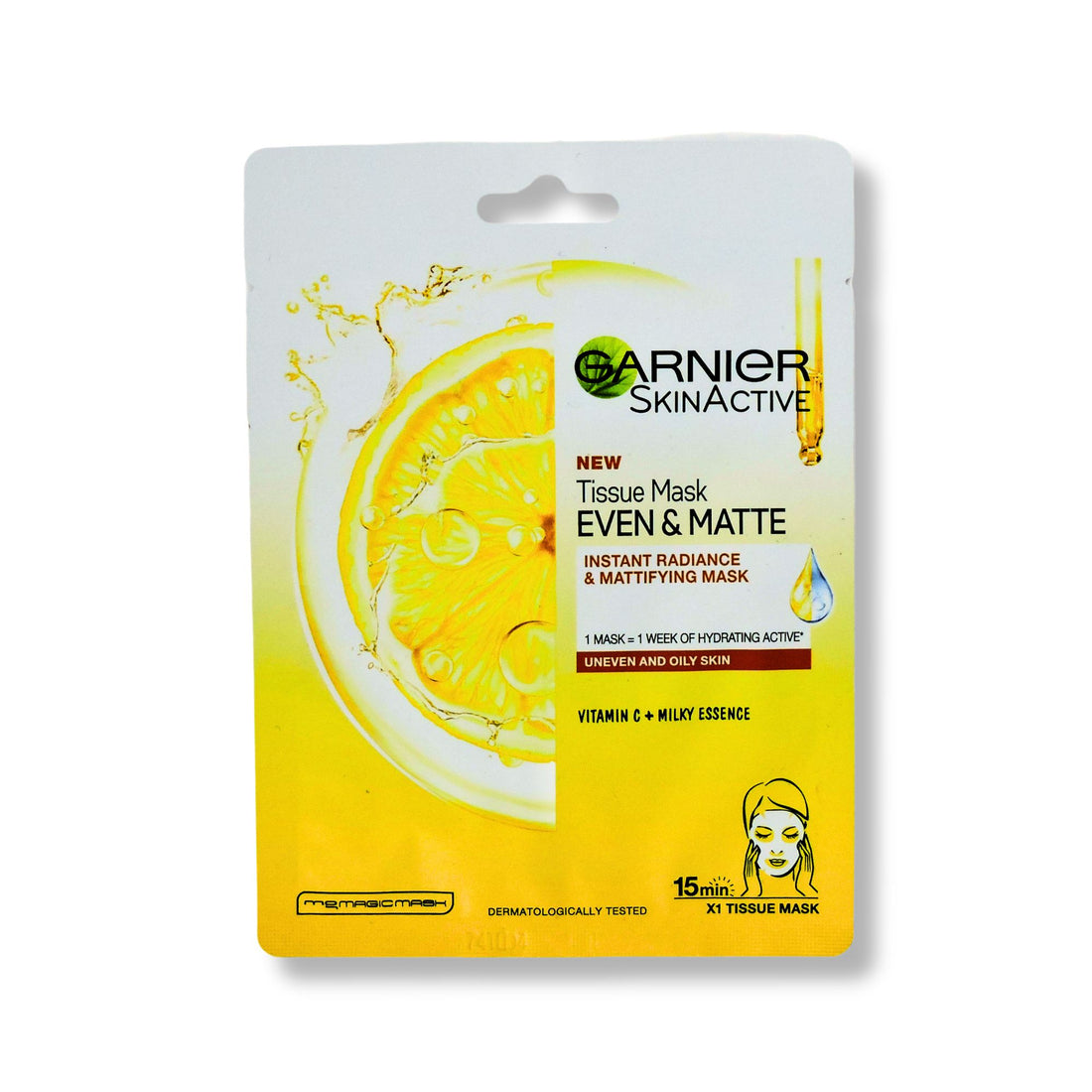 Garnier Even &amp; Matte Face Mask package with lemon slice, highlighting Vitamin C and Milky Essence benefits for brightening and hydrating oily, uneven skin.