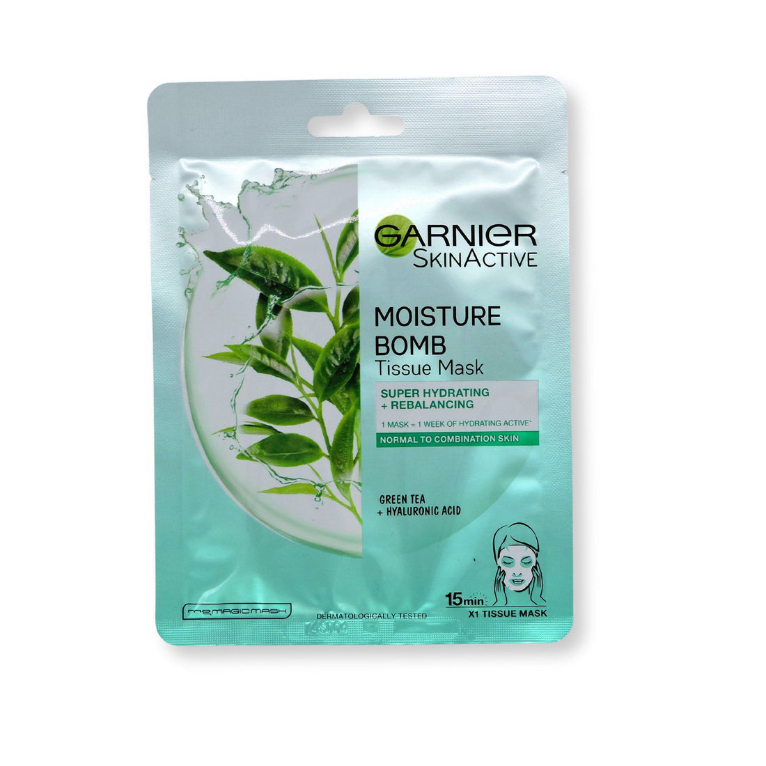 Garnier Green Tea + Hyaluronic Acid Face Mask, featuring hydrating sheet mask packaging, promotes radiance and smooths skin with natural extracts for combination skin care.