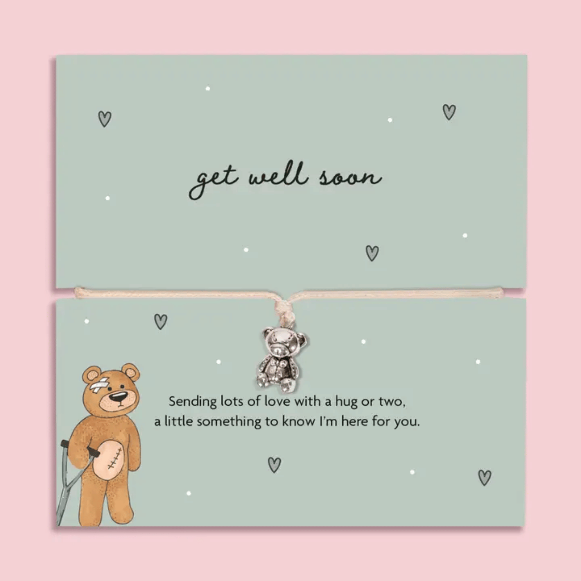 Get well soon gifts – Wish Bracelet with silver teddy bear charm and get well soon message card