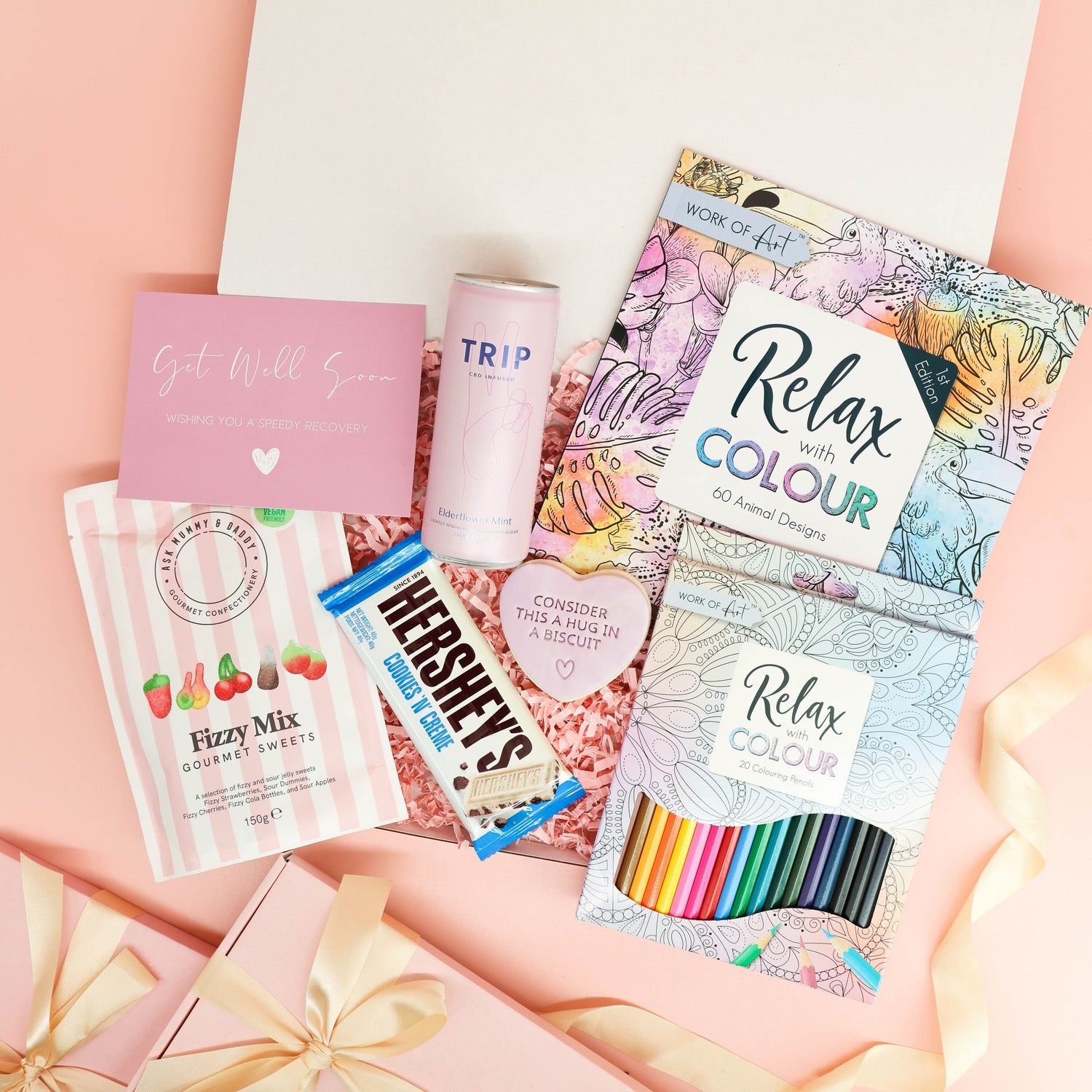 get well soon gift – Ultimate Box of Calm and Care with colouring set, sweets and sparkling drink