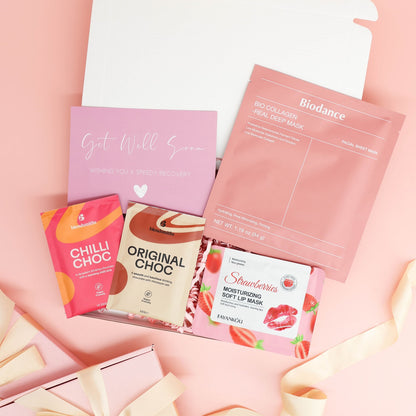 get well soon gift – Feel Better Soon Care Package with hot chocolate, face mask and strawberry lip mask