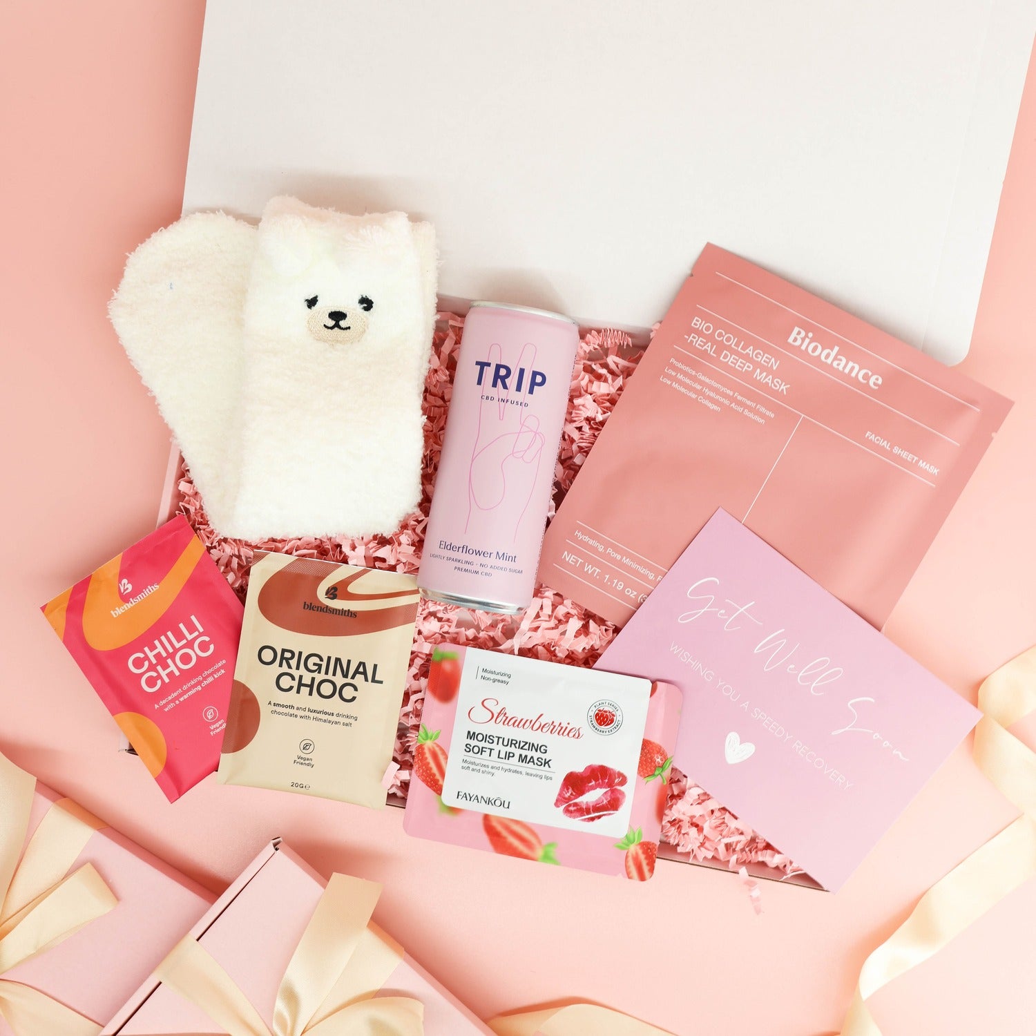 get well soon gift – Feel Better Soon Deluxe Pamper Box with cosy socks, sparkling drink and face masks