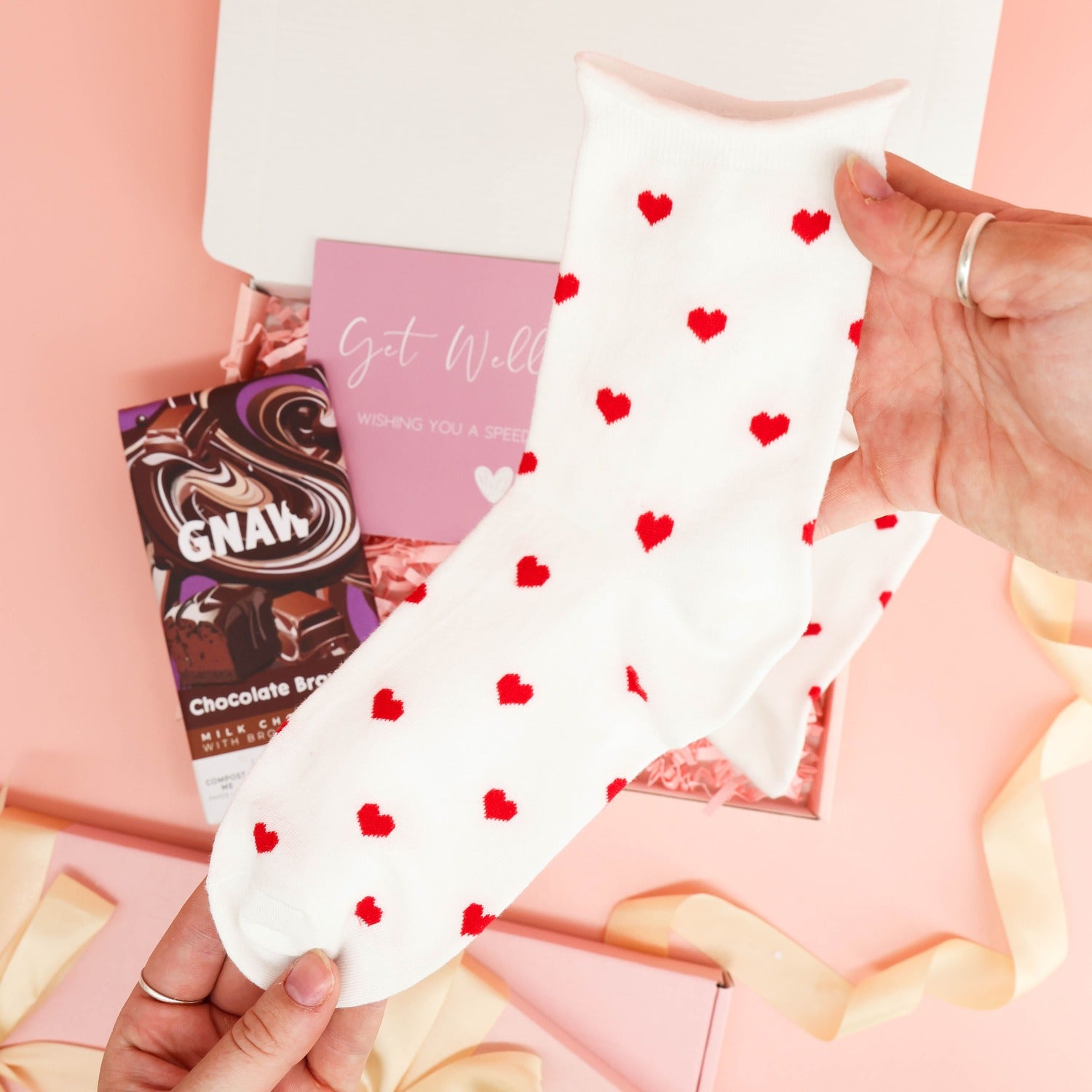 get well soon gift – A Little Pick Me Up Treat Box with heart socks, chocolate and recovery card