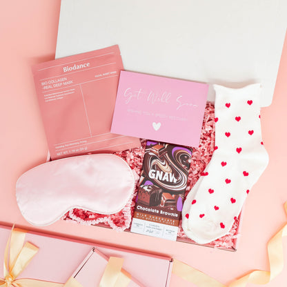 get well soon gift – Ultimate Pick Me Up Treat Box with sleep mask, face mask, socks and chocolate