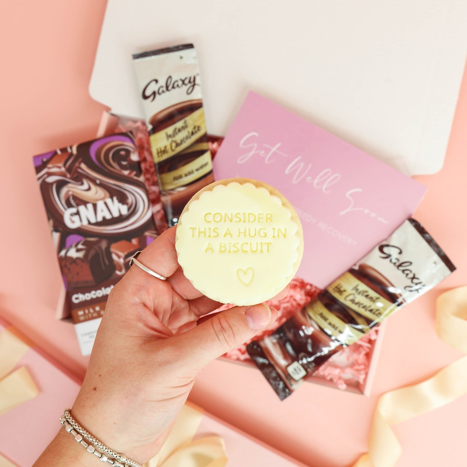 get well soon gift – small sweet treat box with chocolate brownie bar and comforting hot drinks
