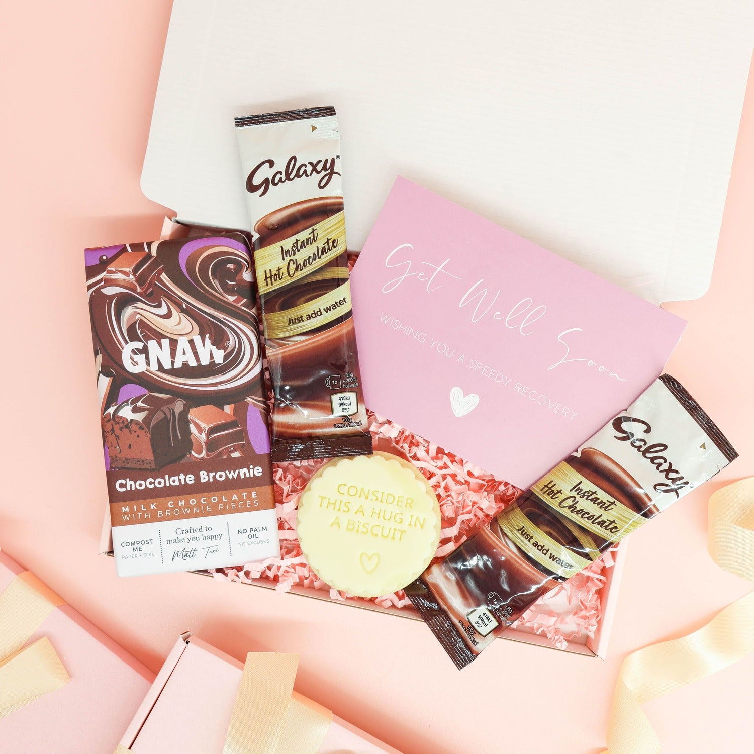 get well soon gift – small sweet treat box with chocolate brownie bar and comforting hot drinks
