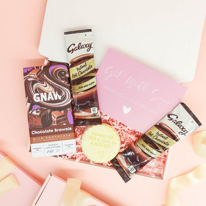 get well soon gift – small sweet treat box with chocolate brownie bar and comforting hot drinks