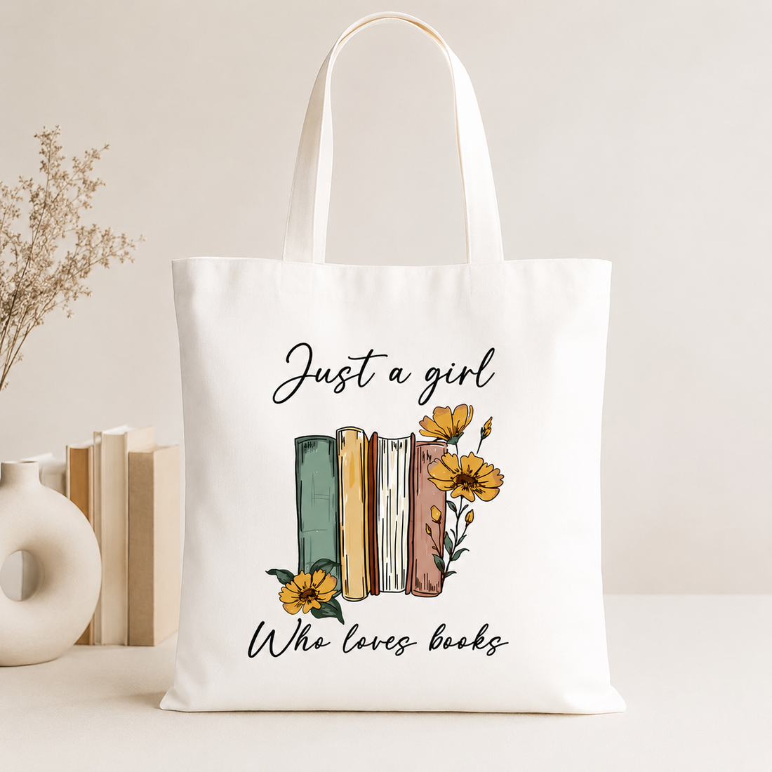 gift for book lovers – Book Lover tote bag with books and floral design