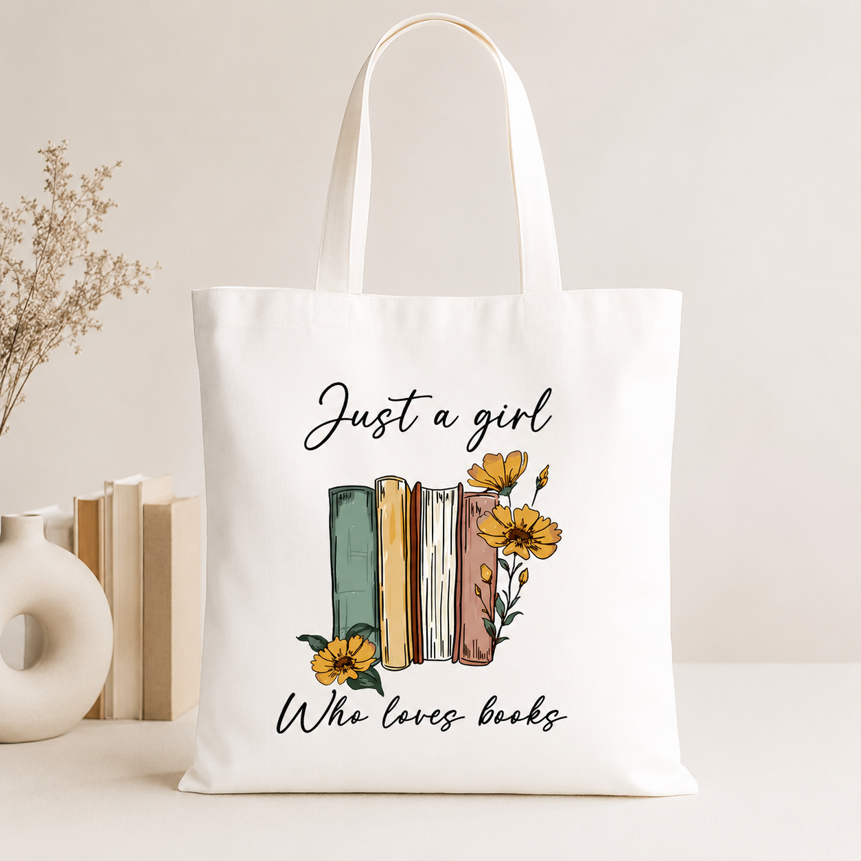 gift for book lovers – Book Lover tote bag with books and floral design