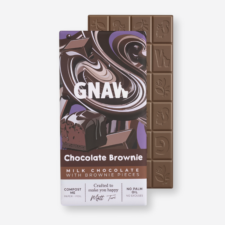 Gnaw Milk Chocolate Bar with Brownie Pieces, featuring a close-up of detailed packaging design and text highlighting its rich, brownie-infused chocolate experience.
