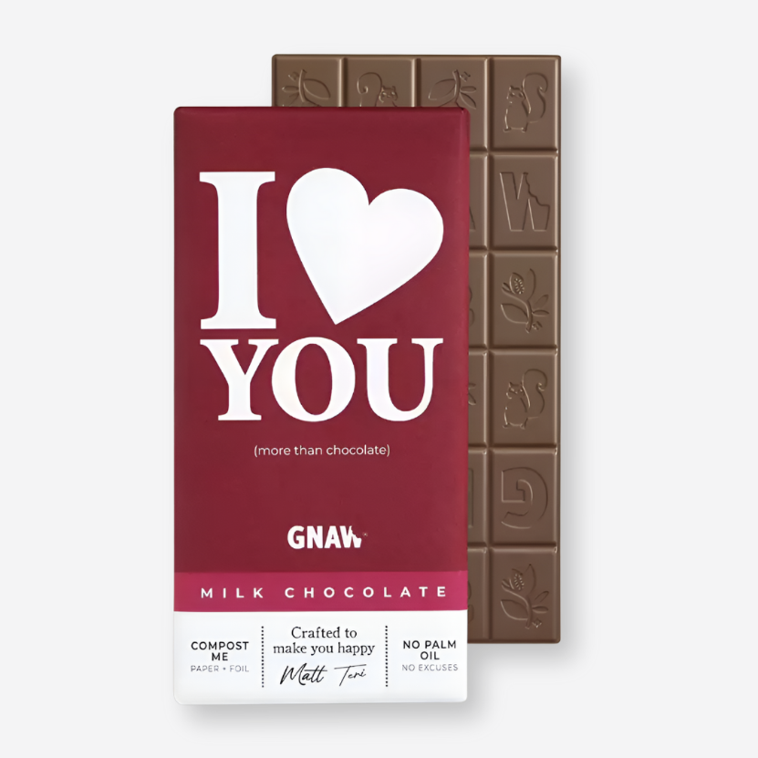 I Love You Milk Chocolate Bar packaged with heart and letter motifs, ideal for gifting on special occasions like anniversaries or Valentine&