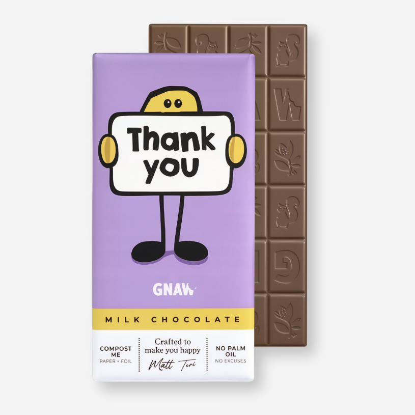 Gnaw Thank You Milk Chocolate Bar with musical note design on wrapper; a thoughtful gift crafted with premium ingredients, no palm oil.