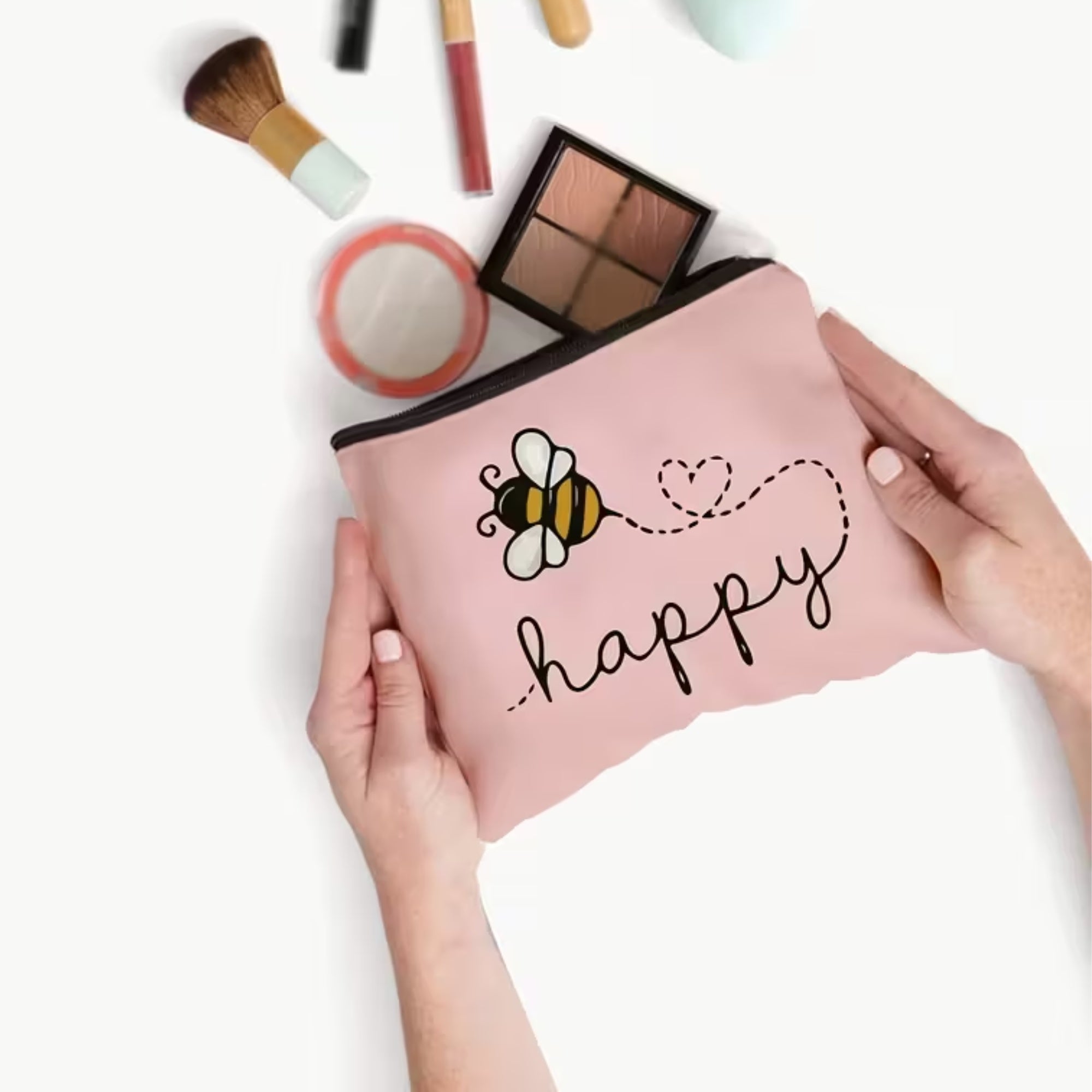 Gifts for her – pink bee happy pouch with cute bee illustration and handwritten style happy text