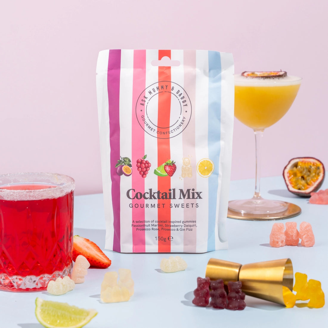 Gifts for her – cocktail mix gourmet sweets share bag with colourful striped packaging and fruity gummy sweets