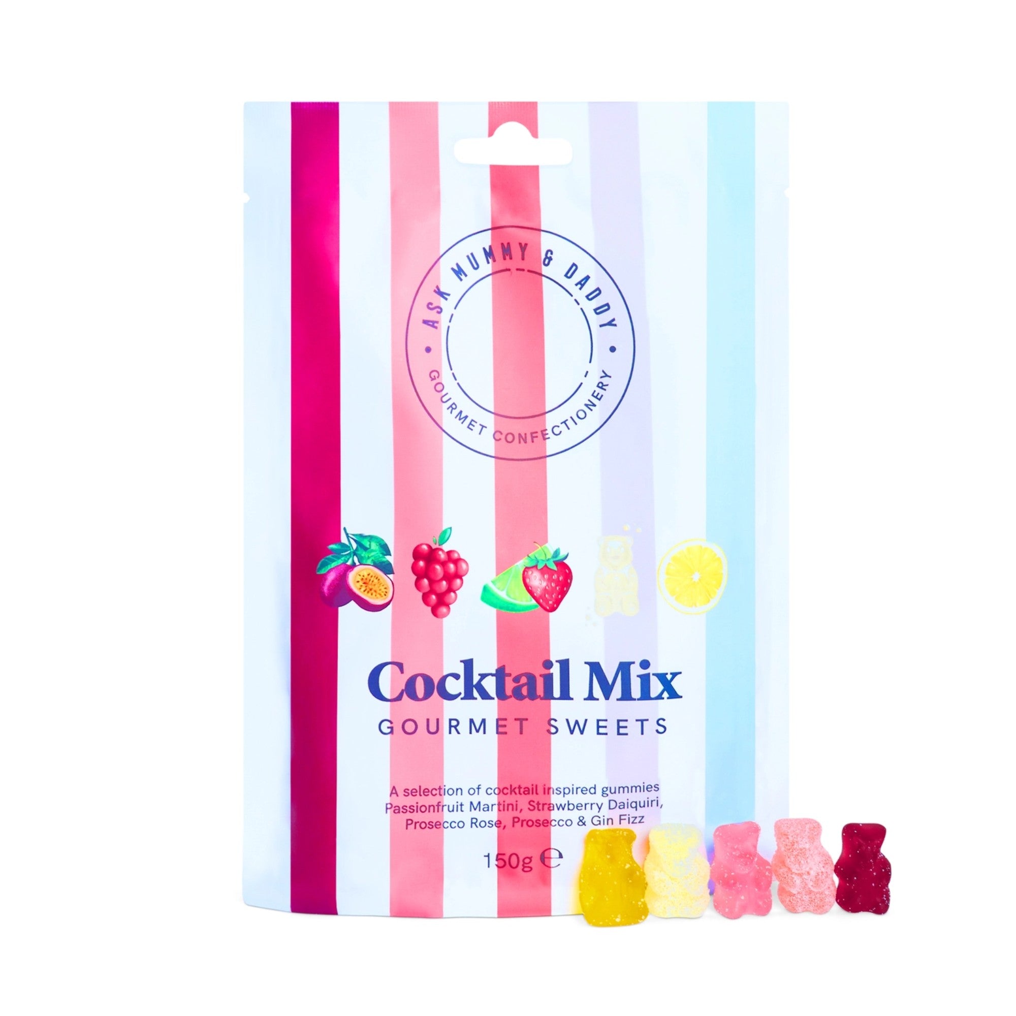 Gifts for her – assorted cocktail flavour gummy sweets including prosecco and gin fizz in bright packaging
