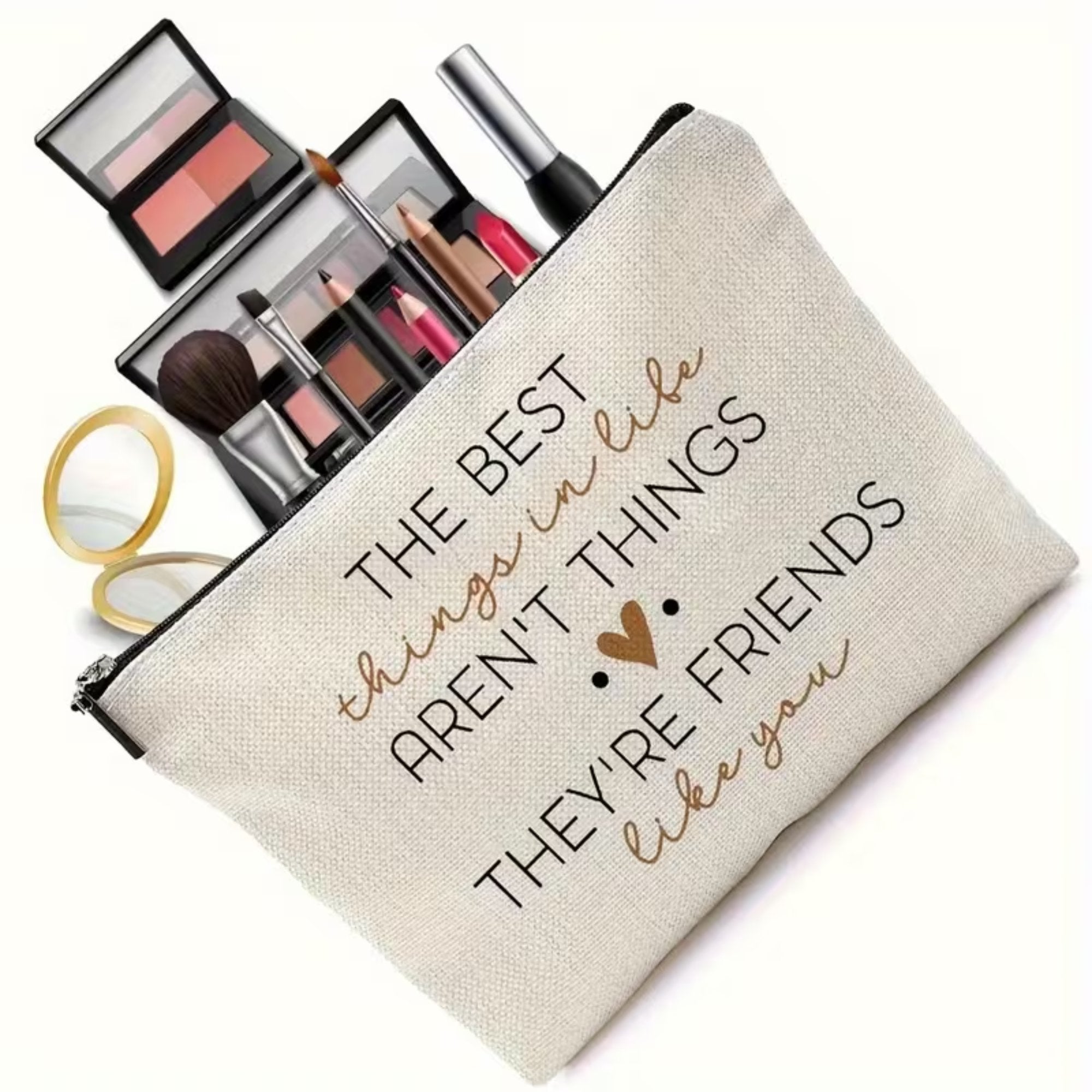 Gifts for her – cosmetic pouch with friendship quote and minimalist beige fabric design