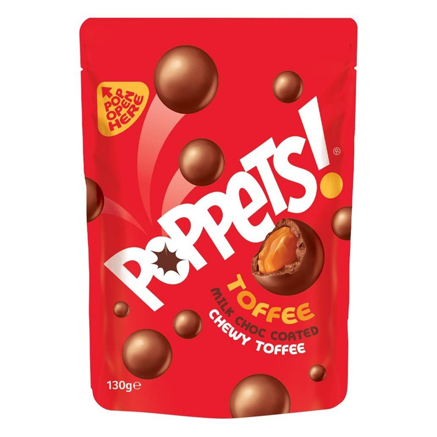 Gifts for her – Poppets toffee pouch with milk chocolate coated chewy toffee sweets in red packaging