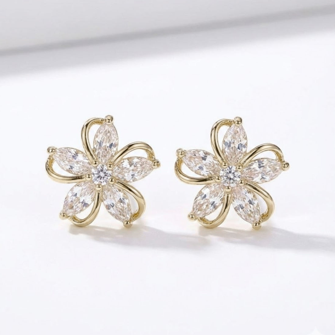 Gifts for her – gold flower stud earrings with cubic zirconia