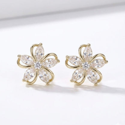 Gifts for her – gold flower stud earrings with cubic zirconia