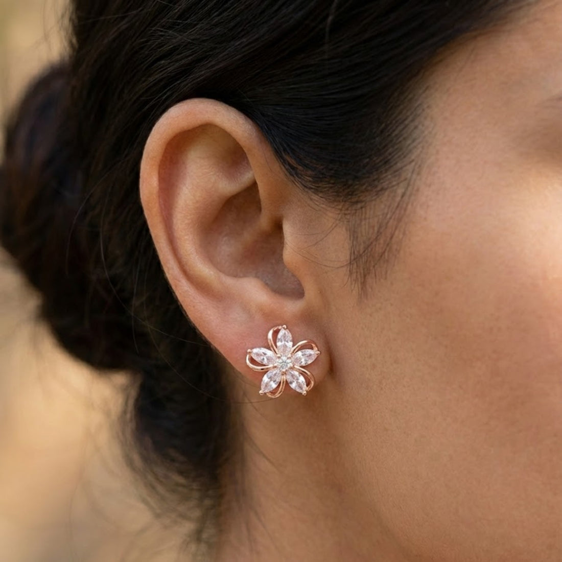 Gifts for her – gold flower stud earrings with cubic zirconia
