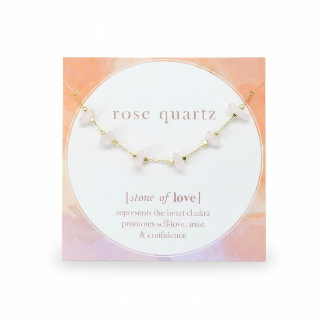 Rose Quartz Bracelet - Stone Of Love, featuring delicate rose quartz beads symbolizing healing and self-love, displayed elegantly on a white card.
