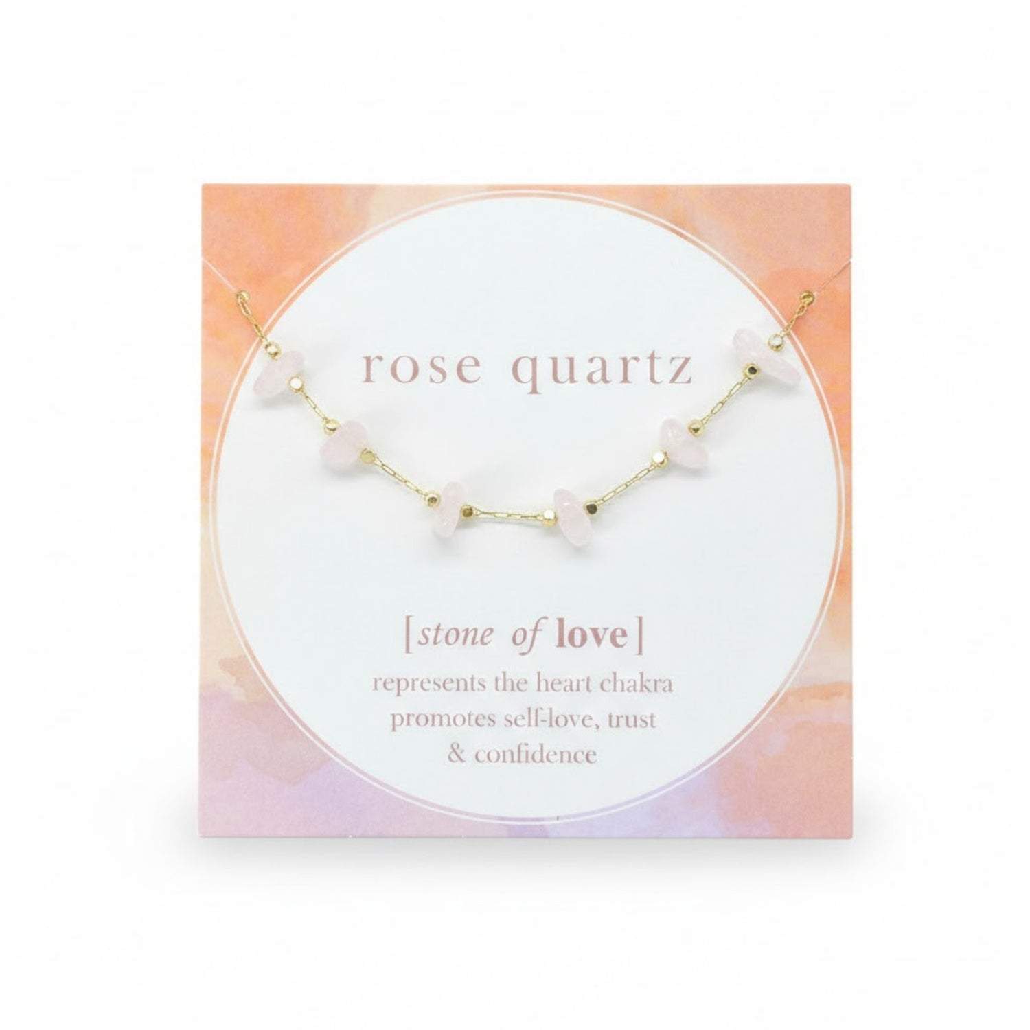 Rose Quartz Bracelet - Stone Of Love, featuring delicate rose quartz beads symbolizing healing and self-love, displayed elegantly on a white card.