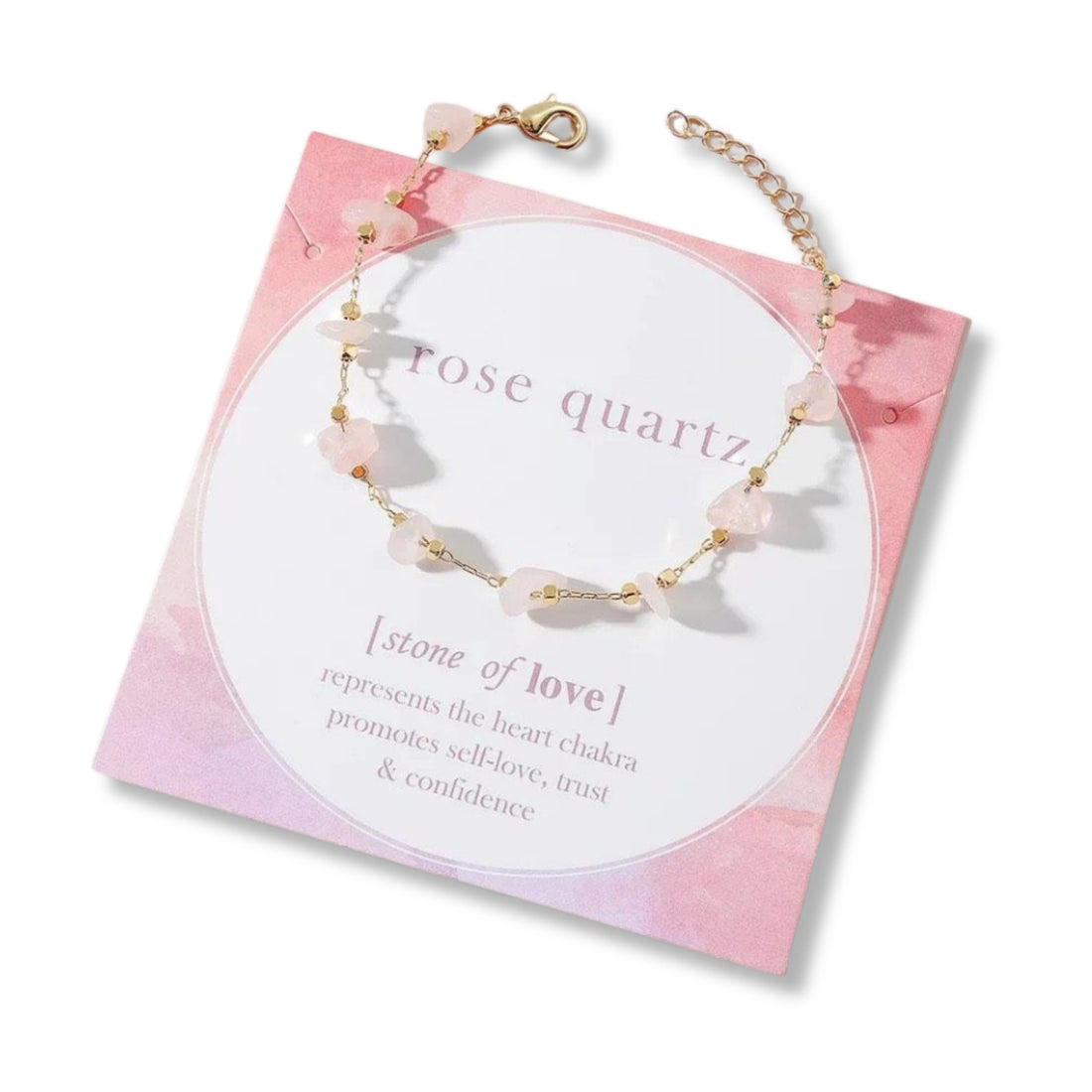 Rose Quartz Bracelet - Stone Of Love, featuring delicate rose quartz beads symbolizing healing and self-love, displayed elegantly on a white card.