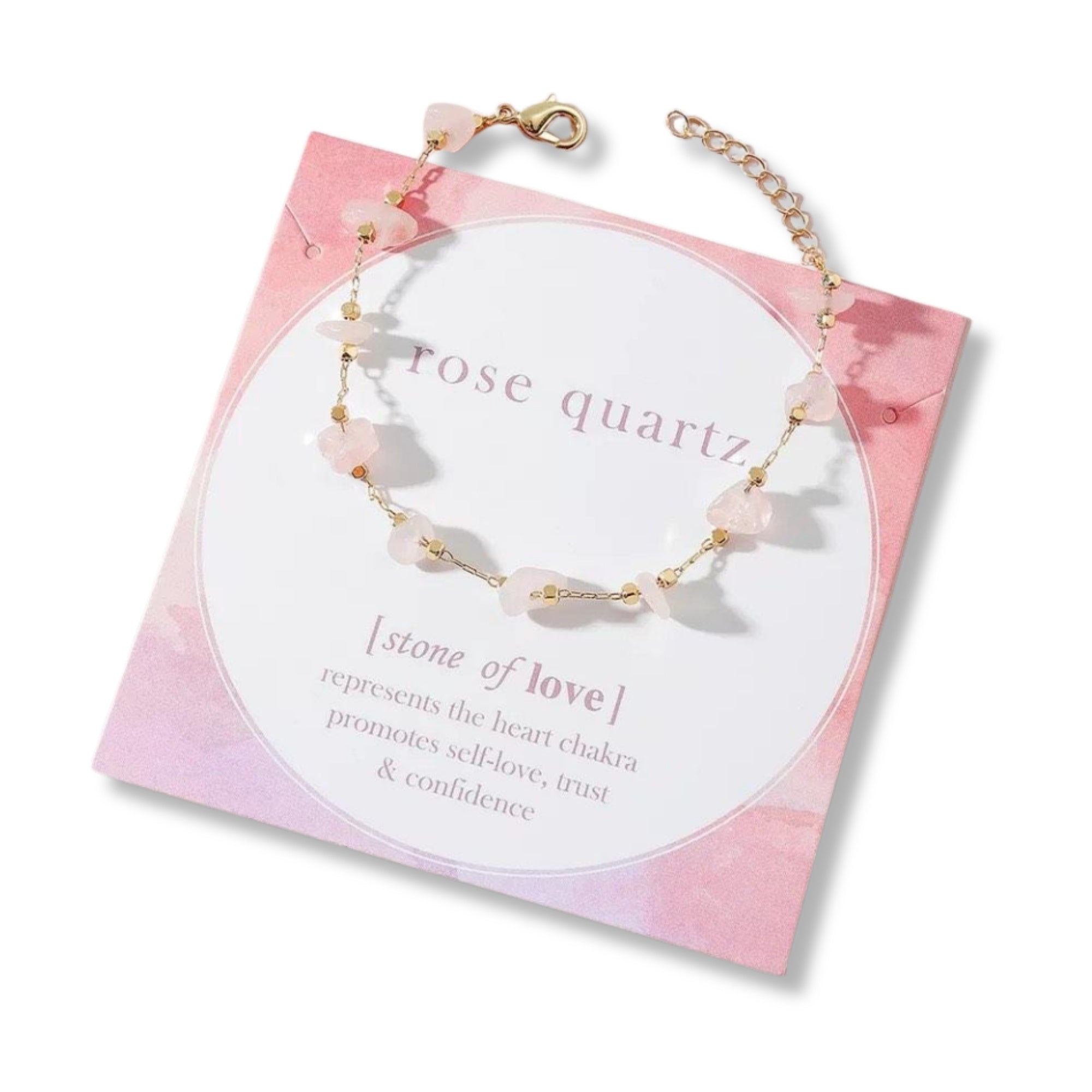 Rose Quartz Bracelet - Stone Of Love, featuring delicate rose quartz beads symbolizing healing and self-love, displayed elegantly on a white card.