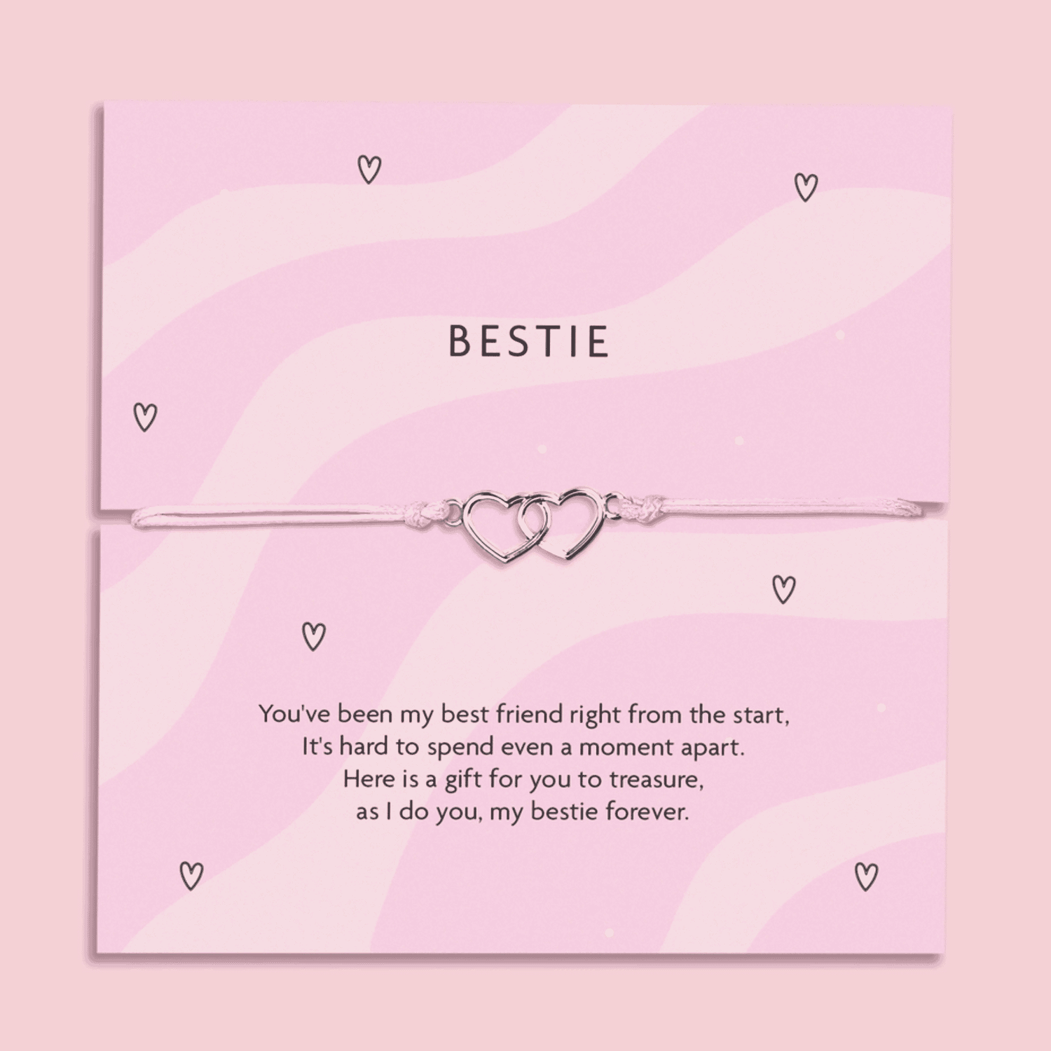 Gifts for best friend – Bestie interlocking hearts friendship bracelet on pink message card