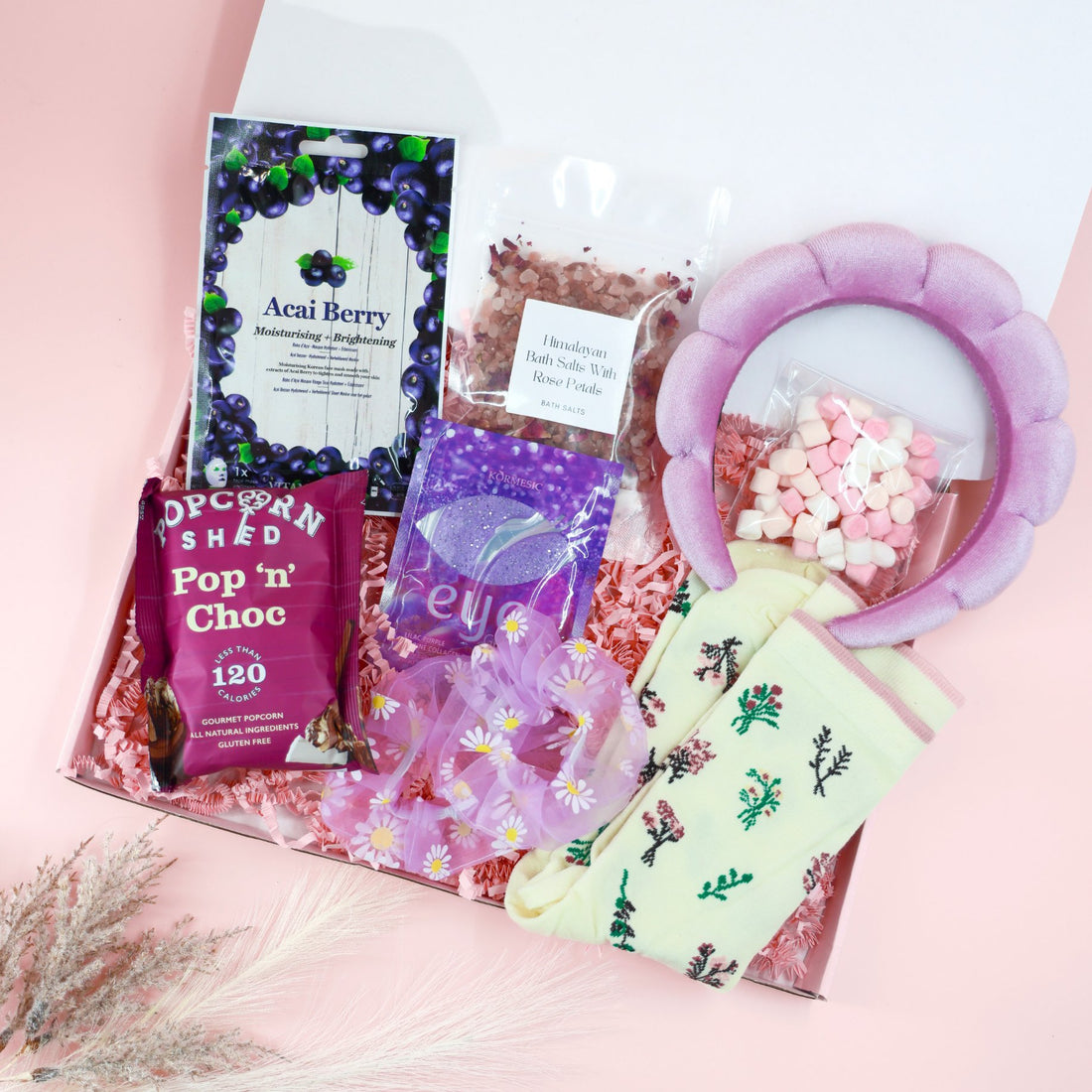 Selfcare Gifts for her – Lavender Pamper Gift Box with socks, skincare, and sweet treats