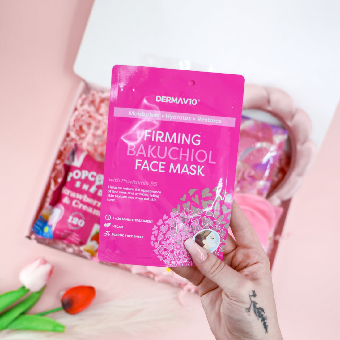 Gifts for her – pink themed pamper set with bath salts, face mask, and popcorn