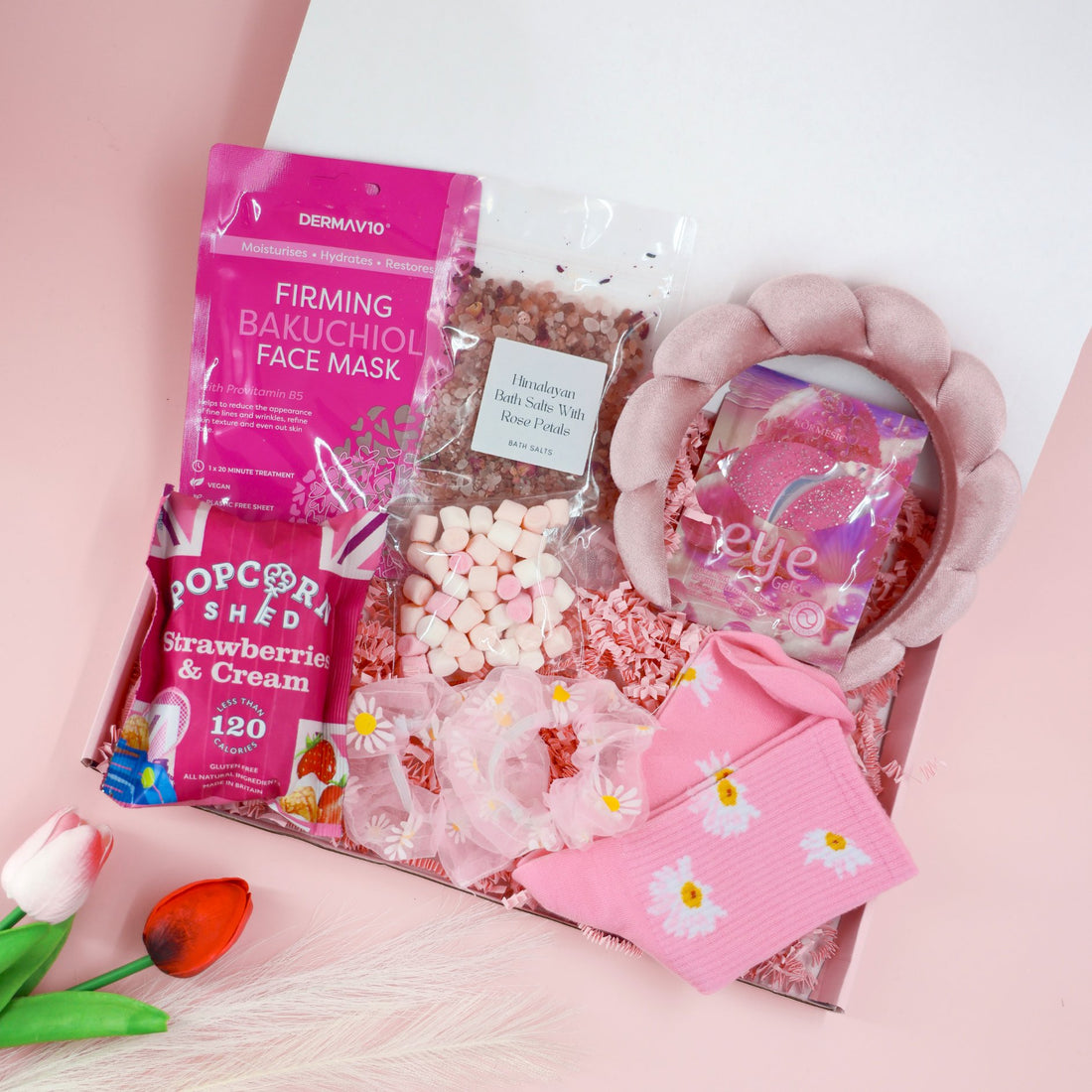 Gifts for her – Pink Pamper Gift Box with socks, skincare, and sweet treats