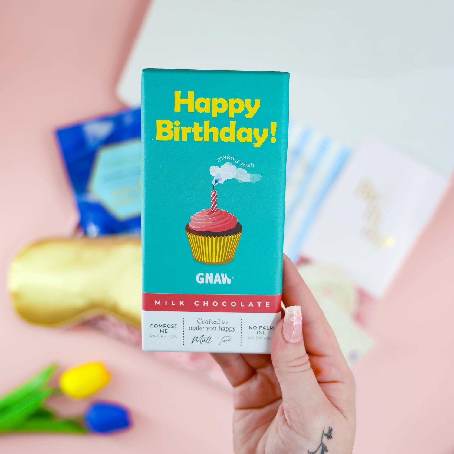 Happy Birthday chocolate bar with cupcake design, included in the Gin Fizz Birthday Box – fun and thoughtful birthday treat for her