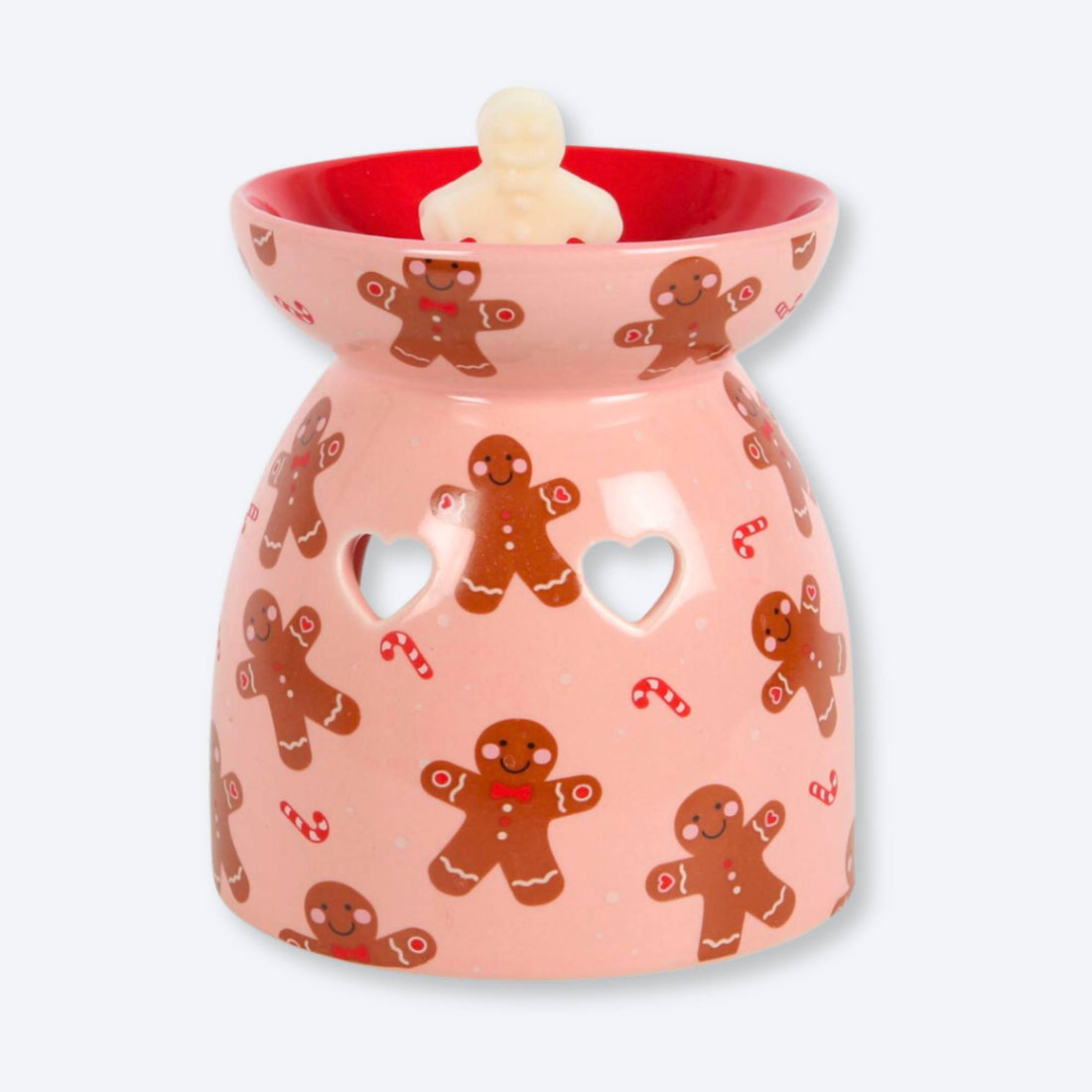 Gingerbread Wax Melt Burner featuring a smiling gingerbread man and candy cane accents, complete with a festive bowl and eco-friendly gingerbread soy wax melt.