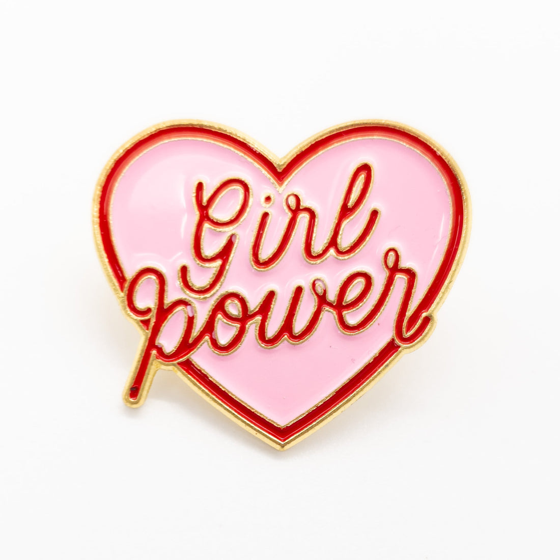 Girl Power Pin featuring a heart and letter design, symbolizing strength and empowerment for confident women. A bold, stylish enamel accessory for Valentine&