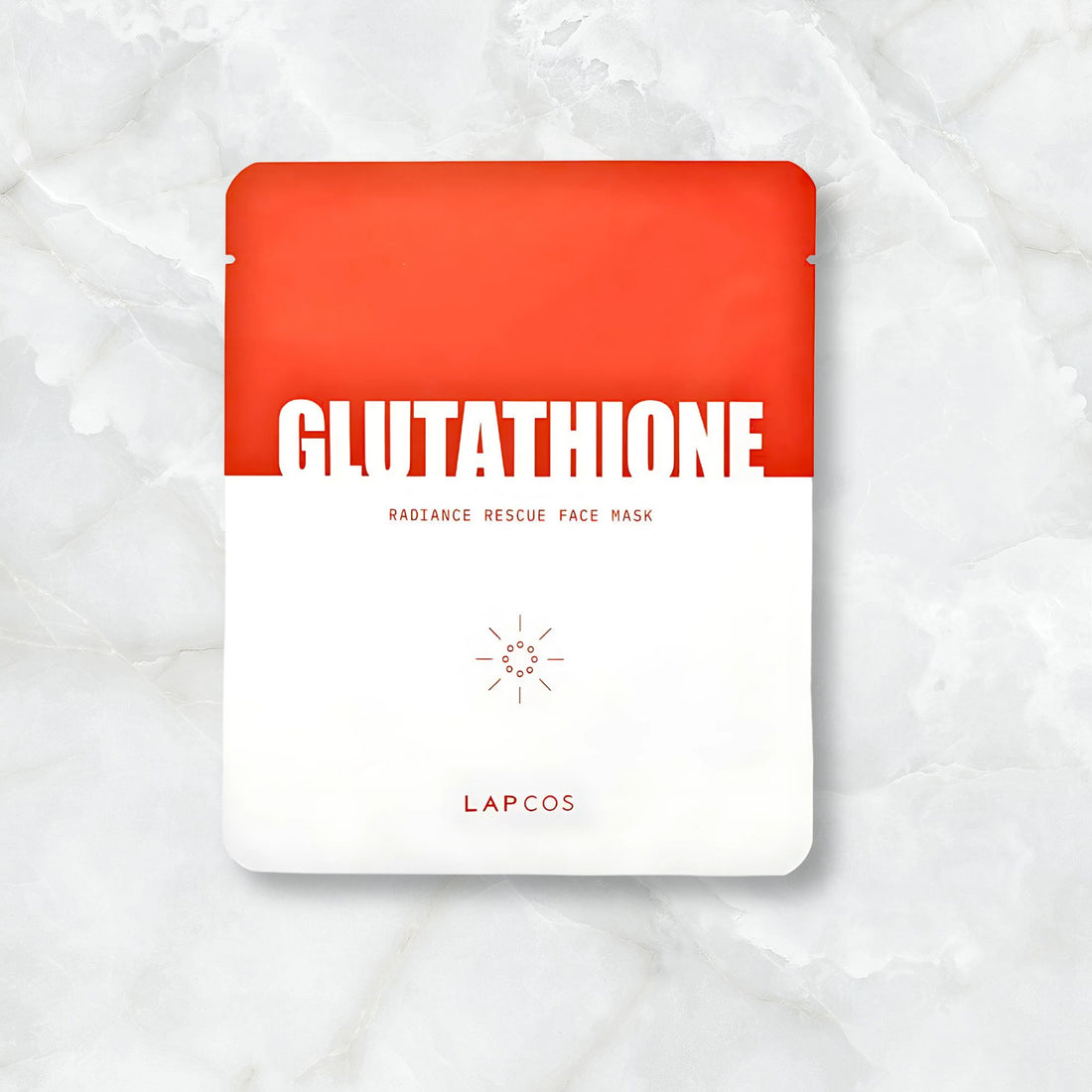 Lapcos Glutathione Radiance Rescue Mask, featuring a sun design, promotes bright, hydrated skin with Glutathione, Niacinamide, and peptides for anti-acne and glow.