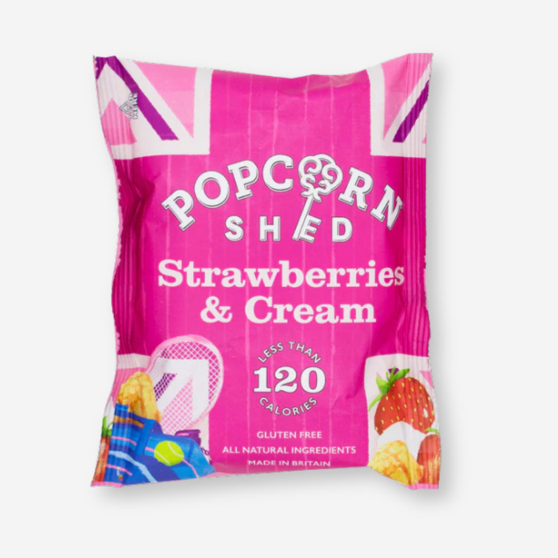 Popcorn Shed Strawberries &amp; Cream: Close-up of caramel popcorn with freeze-dried strawberries, ideal for an indulgent gift or special occasion treat, showcasing gourmet snack details.