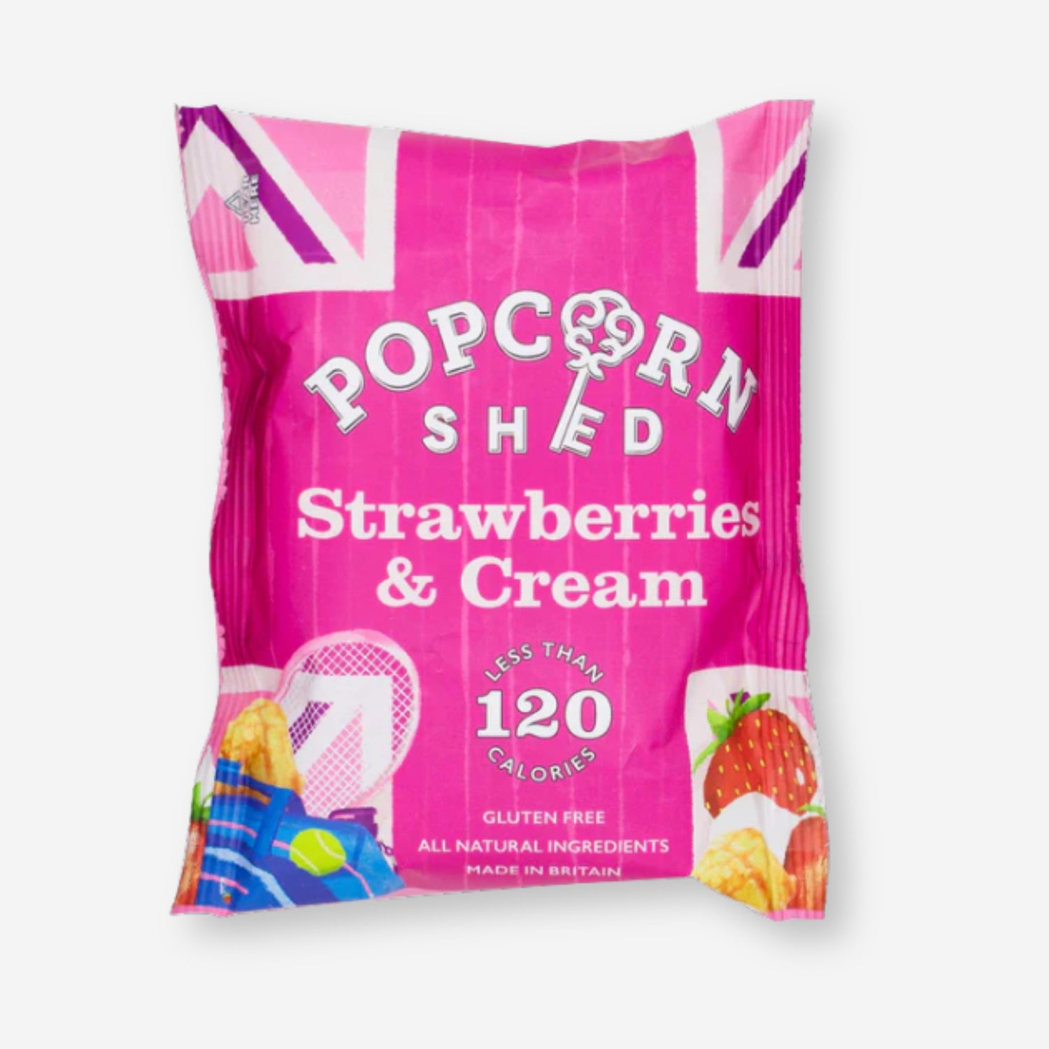 Popcorn Shed Strawberries &amp; Cream: Close-up of caramel popcorn with freeze-dried strawberries, ideal for an indulgent gift or special occasion treat, showcasing gourmet snack details.