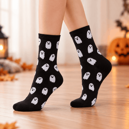 Cute Halloween socks for women with playful ghost designs in three spooky colours