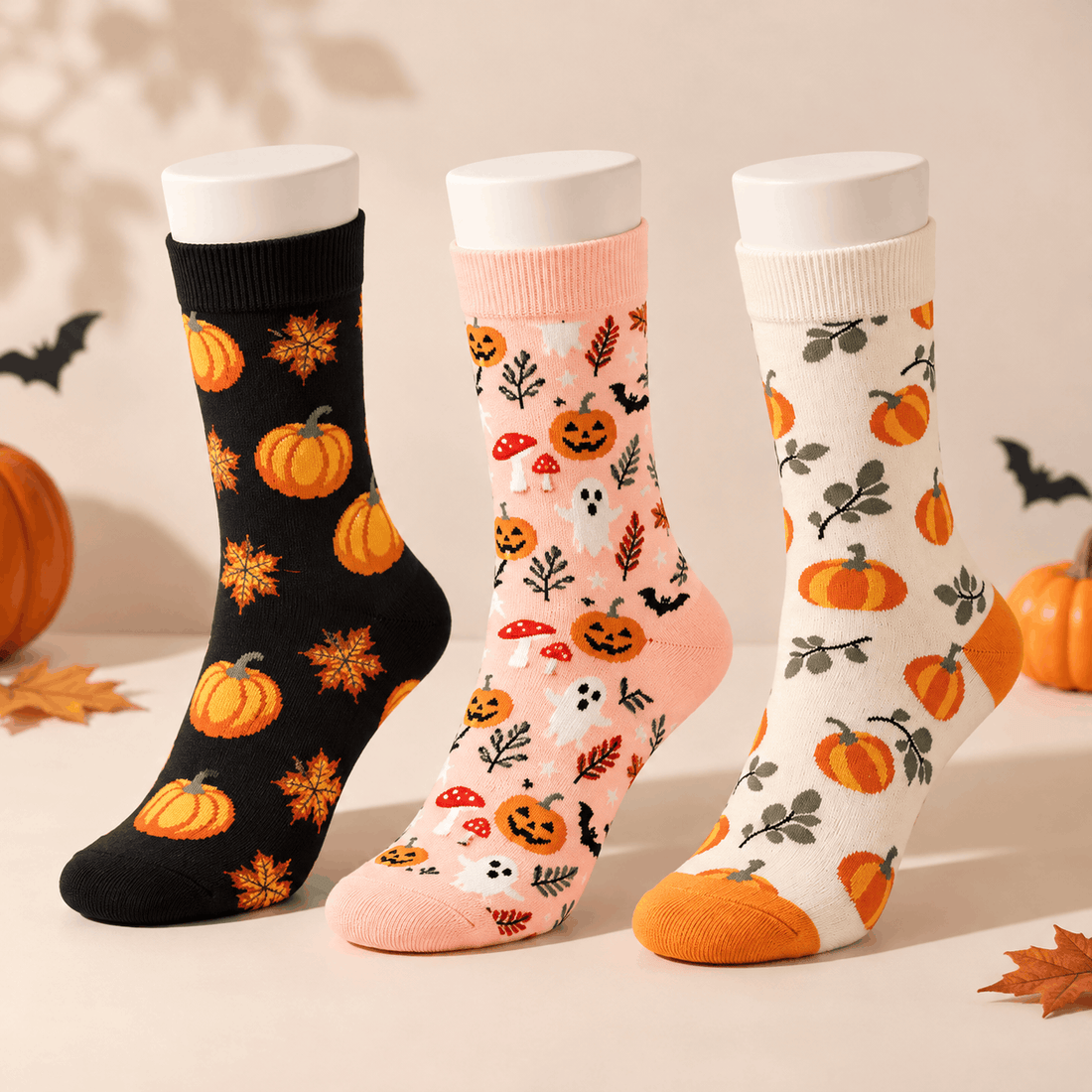 Halloween Pumpkin Socks in three autumn-inspired designs featuring pumpkins, falling leaves and spooky patterns
