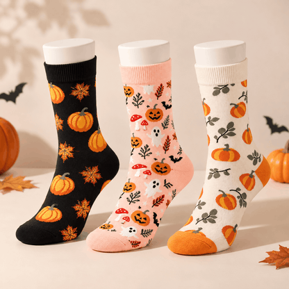 Halloween Pumpkin Socks in three autumn-inspired designs featuring pumpkins, falling leaves and spooky patterns