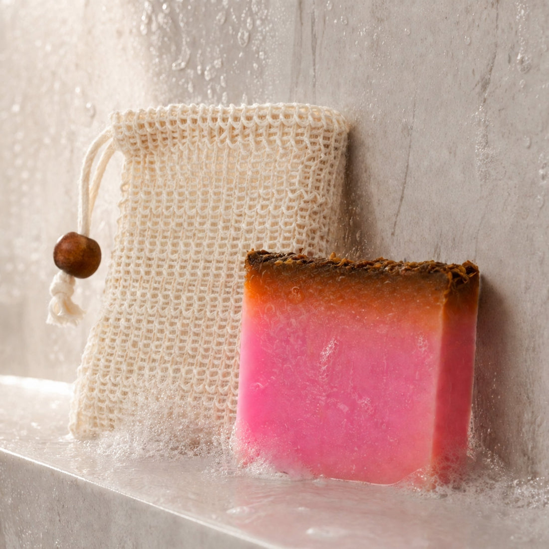 Close-up of Handmade Soap (Assorted) with a natural exfoliating bag, showcasing intricate knitted texture, ideal for rich lather and gentle exfoliation.