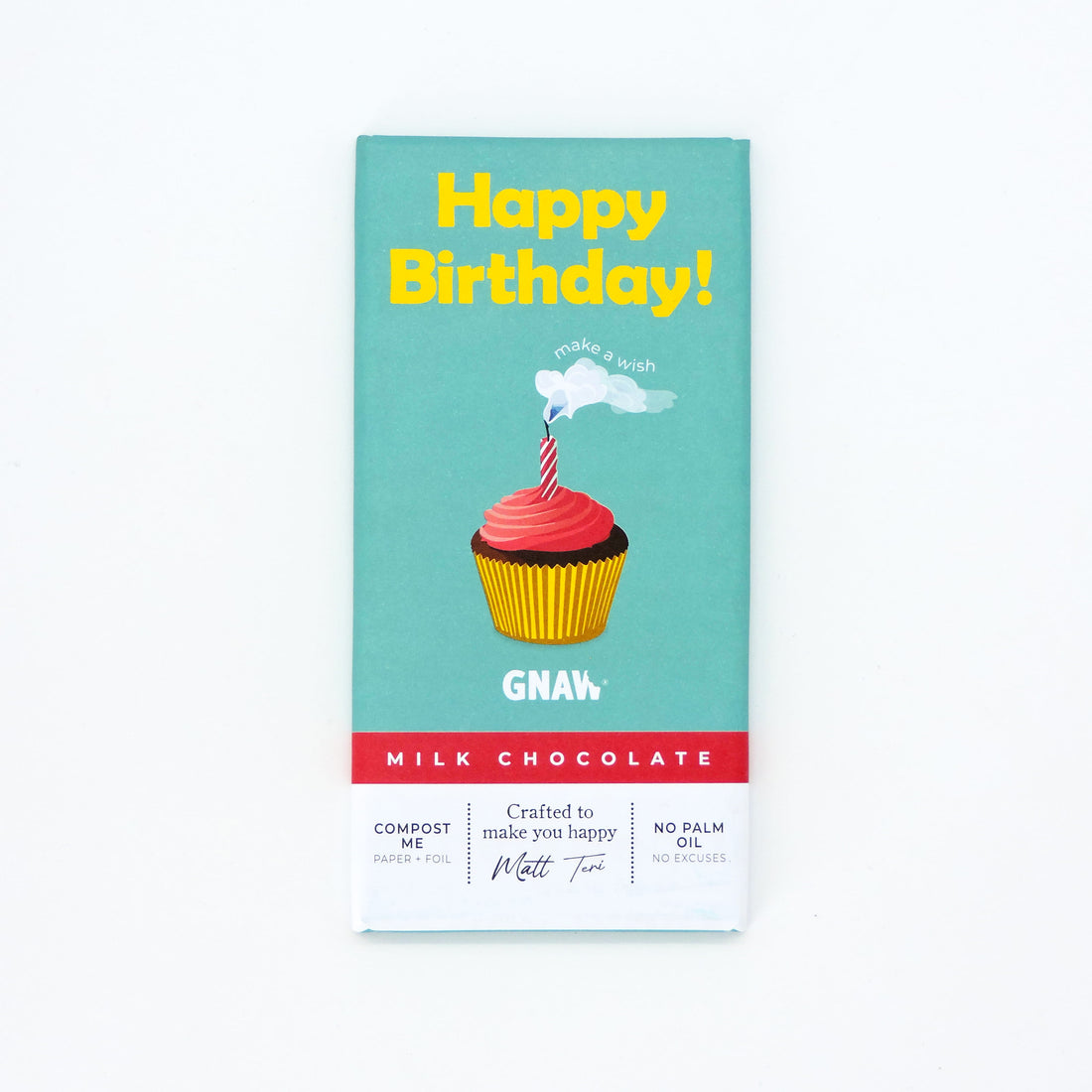 Happy Birthday Milk Chocolate Bar featuring festive cupcake-themed packaging, perfect for celebrating a birthday with smooth, creamy milk chocolate indulgence.