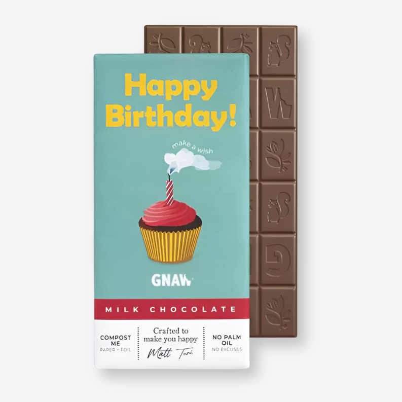 Happy Birthday Milk Chocolate Bar featuring festive cupcake-themed packaging, perfect for celebrating a birthday with smooth, creamy milk chocolate indulgence.