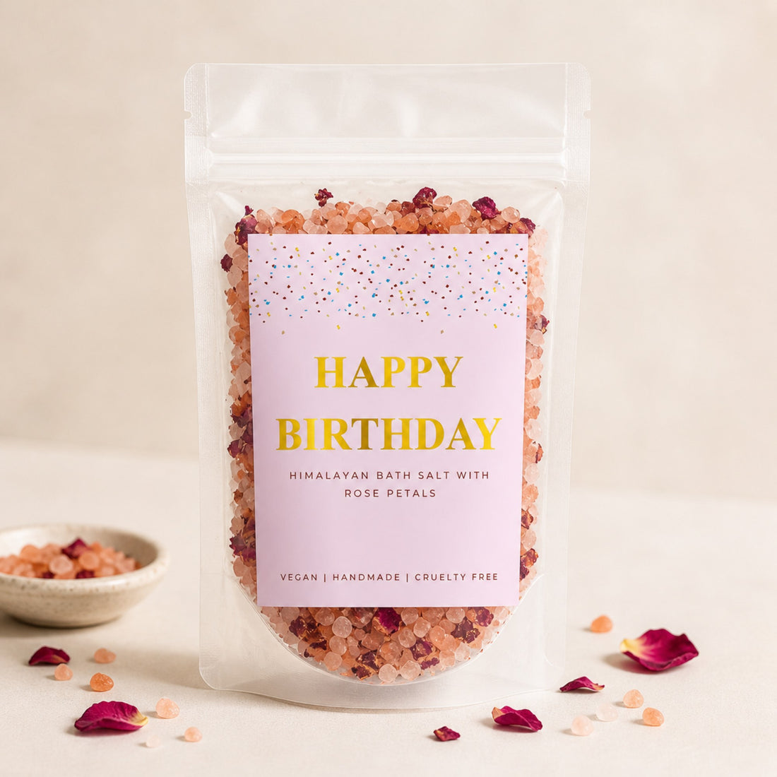 Birthday gift for her – Happy Birthday Himalayan Bath Salt with rose petals