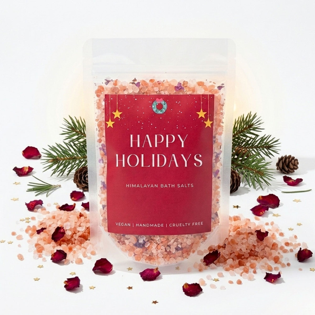 A stand-up pouch of Himalayan bath salts with a red &