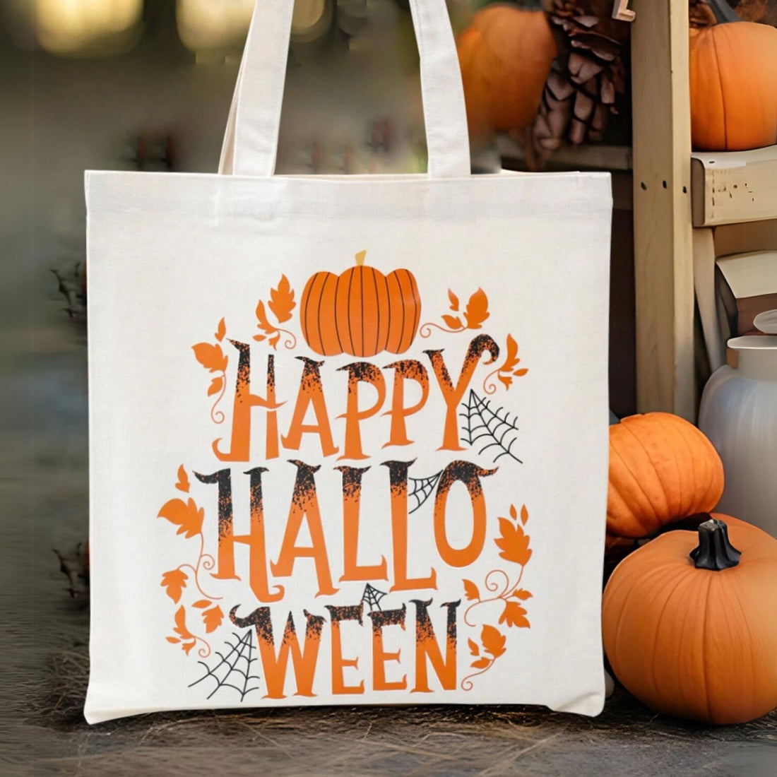 Happy Halloween Tote Bag with vibrant pumpkin design, fall leaves, and spiderweb accents. Perfect for carrying Halloween essentials. Size: 59cm x 34cm.
