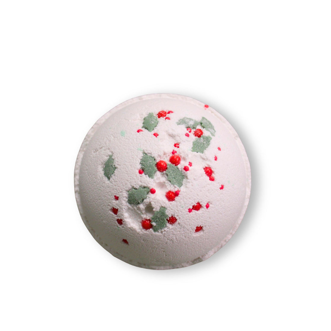 Holly Berry &amp; Mistletoe Bath Bomb, a white sphere adorned with red and green sprinkles, ideal for festive, fragrant baths with essential oils.