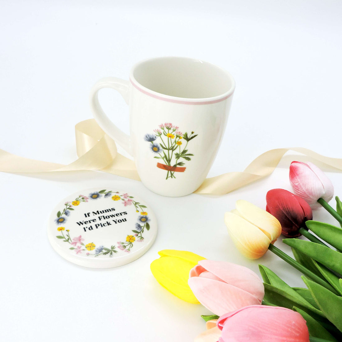 If Mums Were Flowers Ceramic Mug &amp; Lid Set features a floral design with heartfelt text, includes a matching ceramic lid that doubles as a coaster.