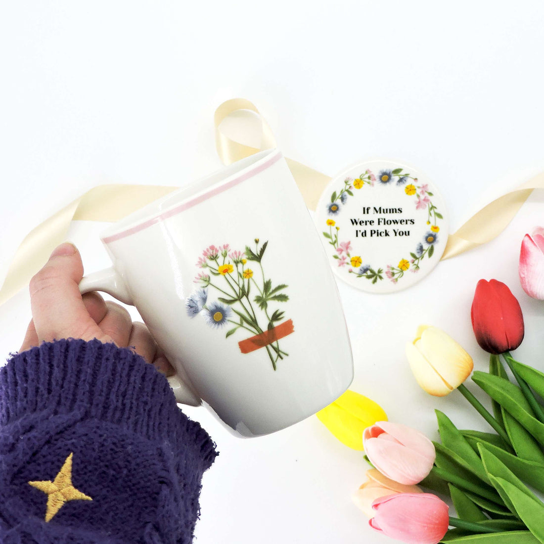 If Mums Were Flowers Ceramic Mug &amp; Lid Set featuring a floral design, with a lid that doubles as a coaster, perfect for gifting.